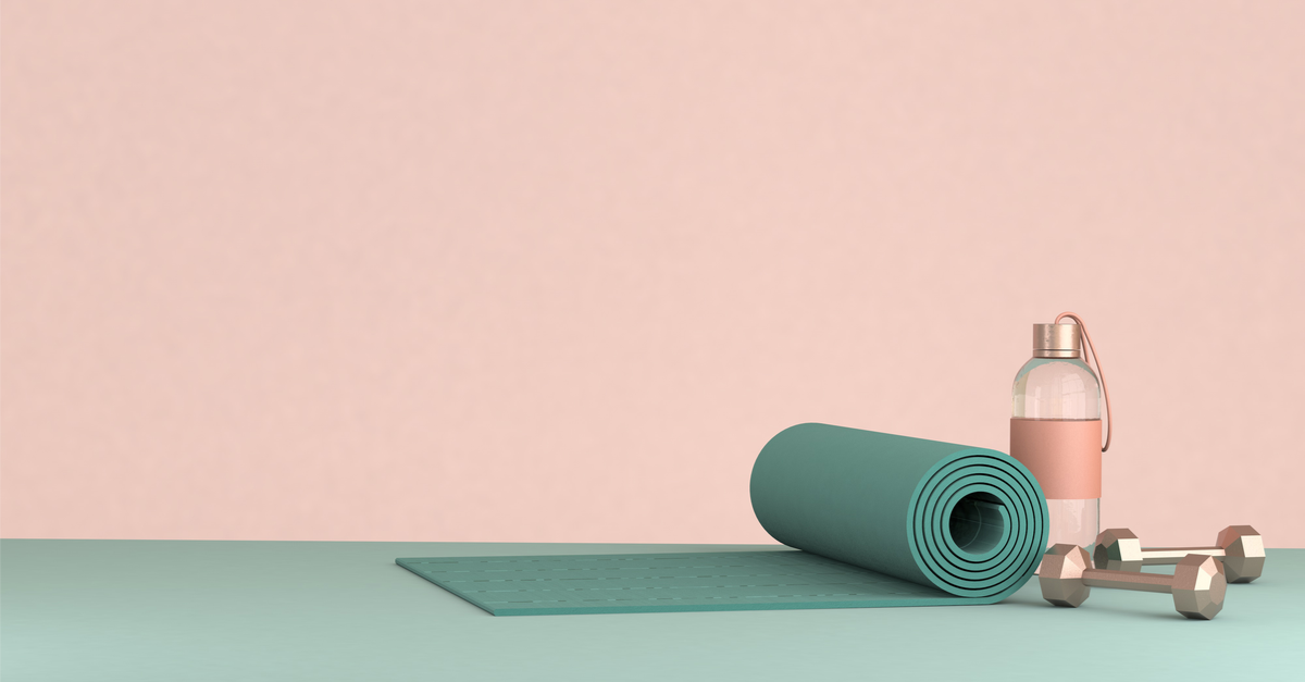 Yoga mat with water bottle and weights